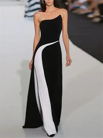 Women's Party Evening Dress Shift Long Black And White Sleeveless Color Block Patchwork Print Fall Winter Strapless Elegant 2022