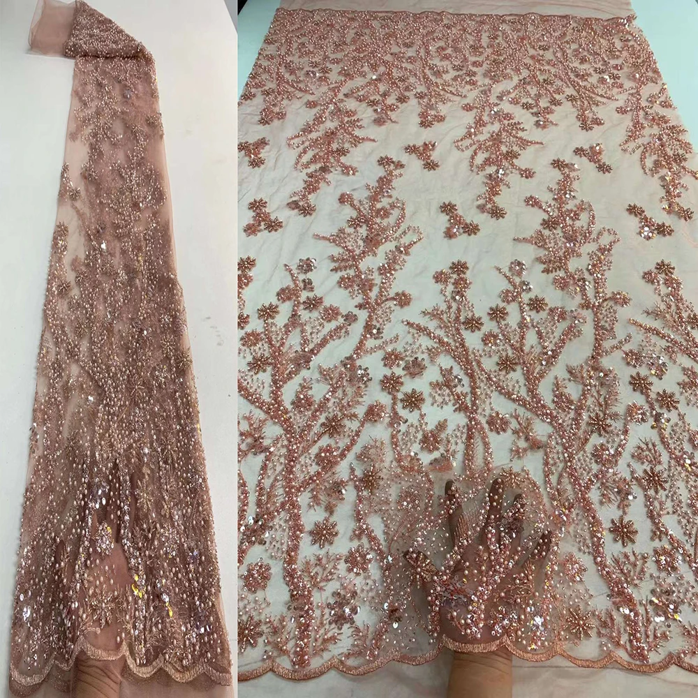 

Latest Luxury Elegant African Embroidery Beaded Lace Fabric Nigeria With Pearls Crystal Sequins Lace Fabric For Wedding Party