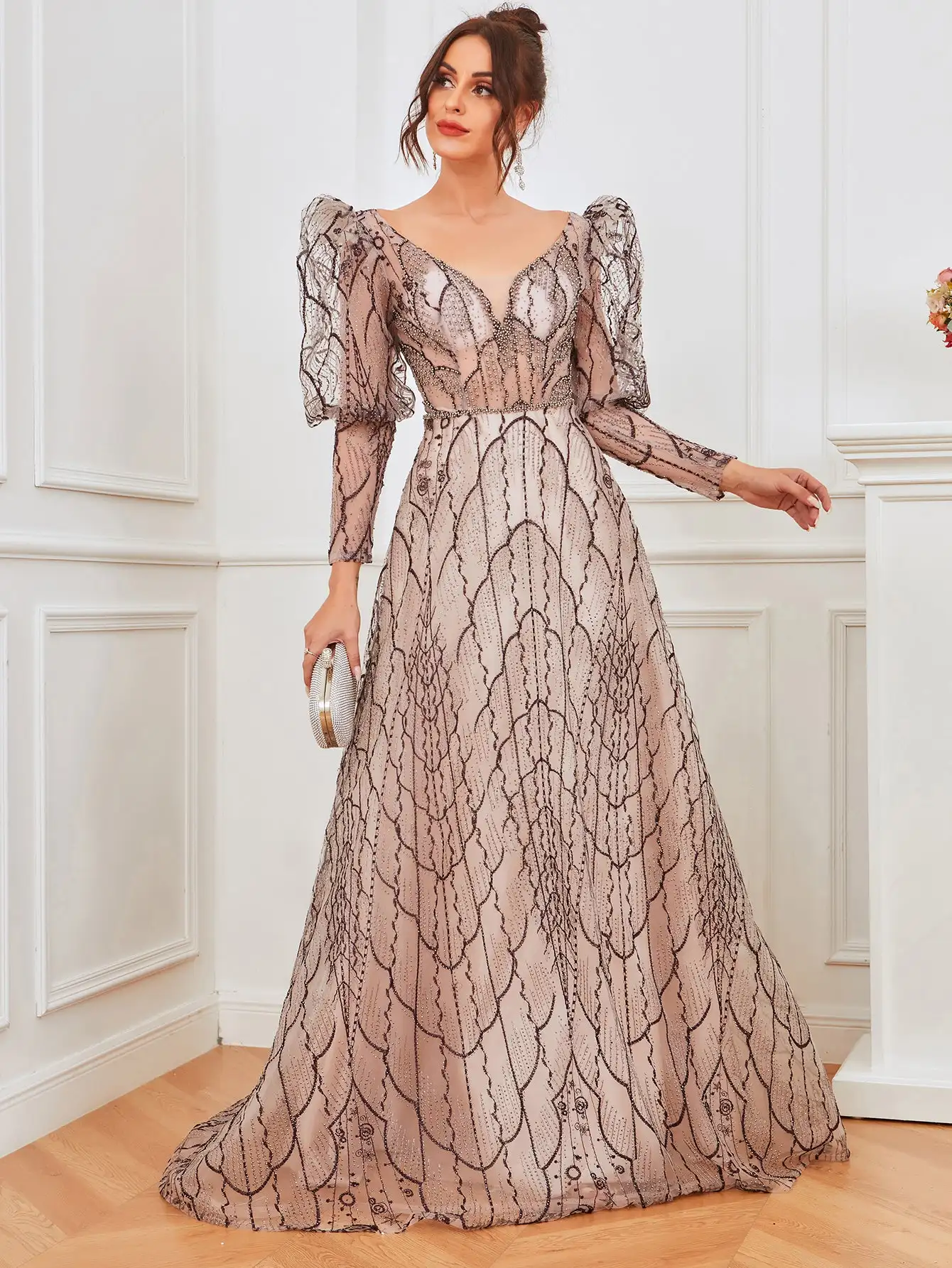 

DRESSTELLS Elegant Evening Dresses Gray Prom Dress Puff Sleeves Party Dress V-Neck Long Pleated Tulle Sexy Party Dresses