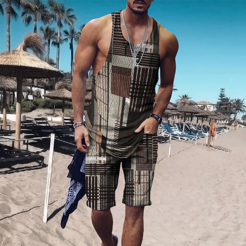 

2022 New European Version Loose Casual Comfortable Suit 3d Geometric Stitching Printing Thin Hawaii Beach Pants Sports Vest Suit
