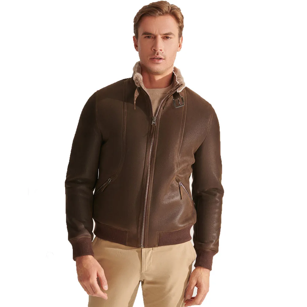 Мужская дубленка Denny&ampDora из овчины — меховой бомбер цвета хаки кожаная куртка