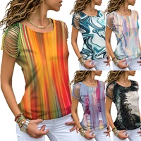 2022 tie dye 3d print womens t shirts summer short sleeve cut out shoulder o neck tops casual ladies loose tops camisetas mujer