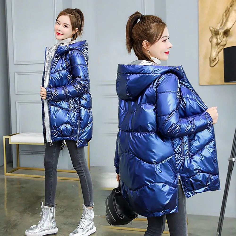 

Disposable Shinny Down Jacket For Women Waterproof Zip Up Thicken Warm Winter Padded Coat Midi Length Women's Parkas