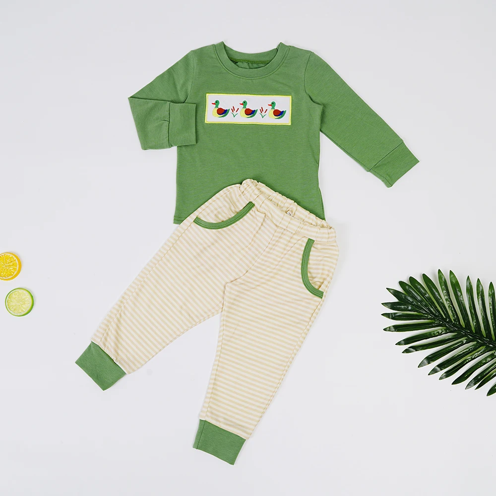 

2022 Green Outfits Baby Boy Cotton Clothes Set Duck Embroidery Bodysuit Infant Green Long Sleeve Pocket Pants For 1-8T Babi Boys