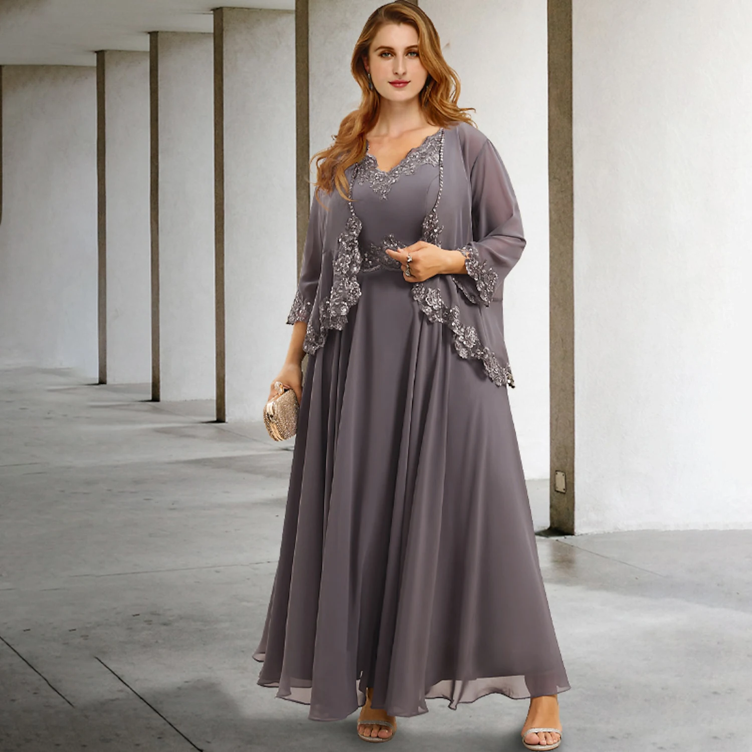 

Шифоновое платье-миди для матери невесты, с жакетом и блестками, с V-образным вырезом