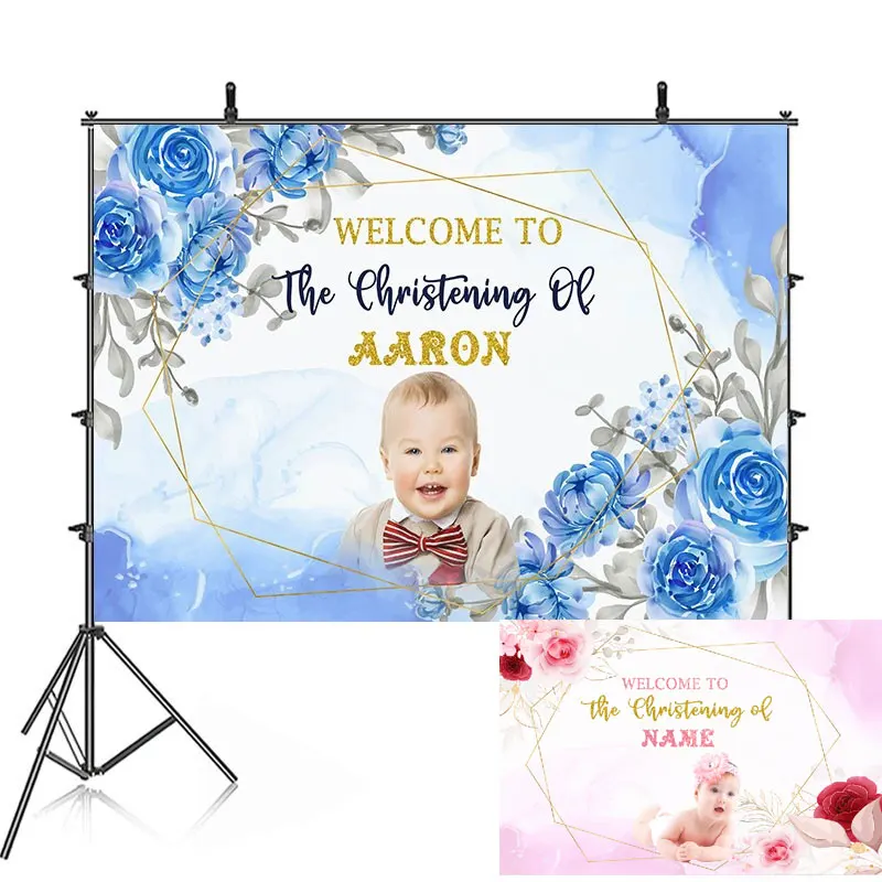 

Happy Christening Baptism Birthday Party Backdrop Photography Baby Shower Pink Blue Flowers Background Banner Custom Name Pic