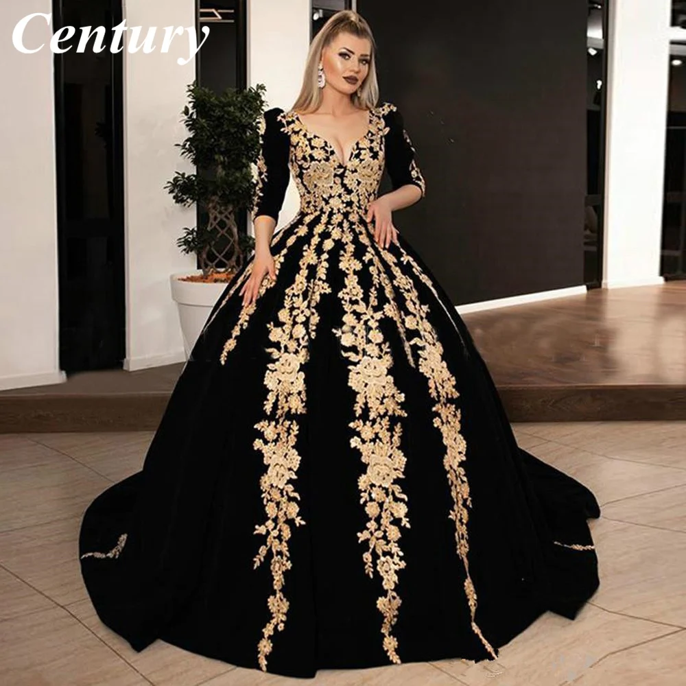 

Black Velvet Formal Evening Dresses Plus Size V-neck Half Sleeve Sparkly Gold Lace Applique Kaftan Caftan Arabic Prom Gowns