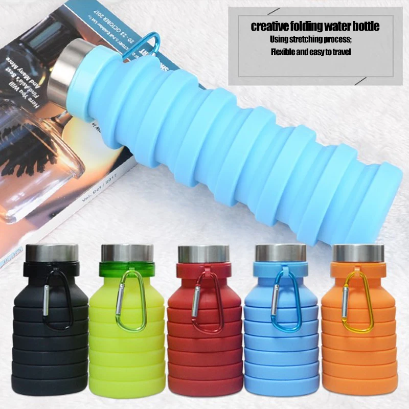 

550ml Folding Silicone Water Bottle Outdoor Portable Water Bottle High and Low Temperature Camping Student Sports Water Bottle