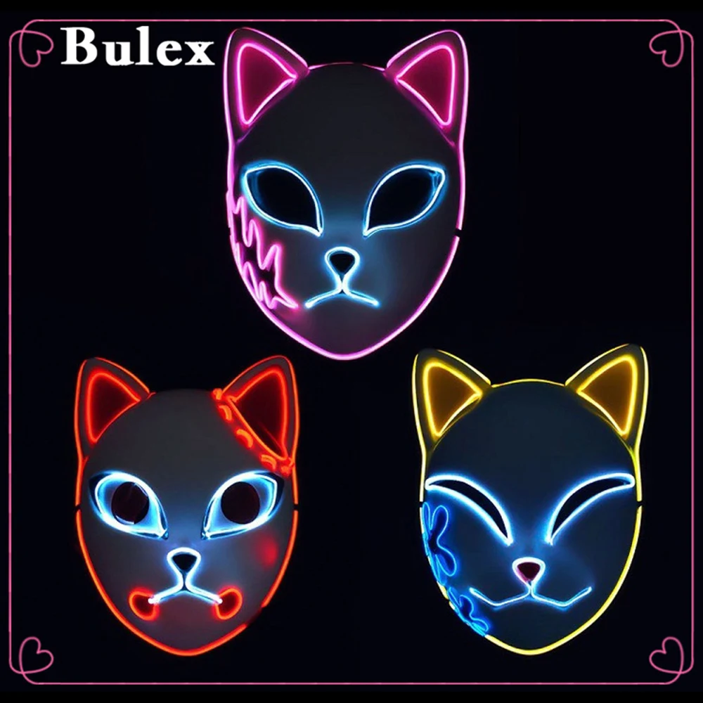 

Bulex Halloween LED Glowing Cat Face Mask For Women Demon Slayer Cold Light Fox Mask Masquerade Cosplay Props