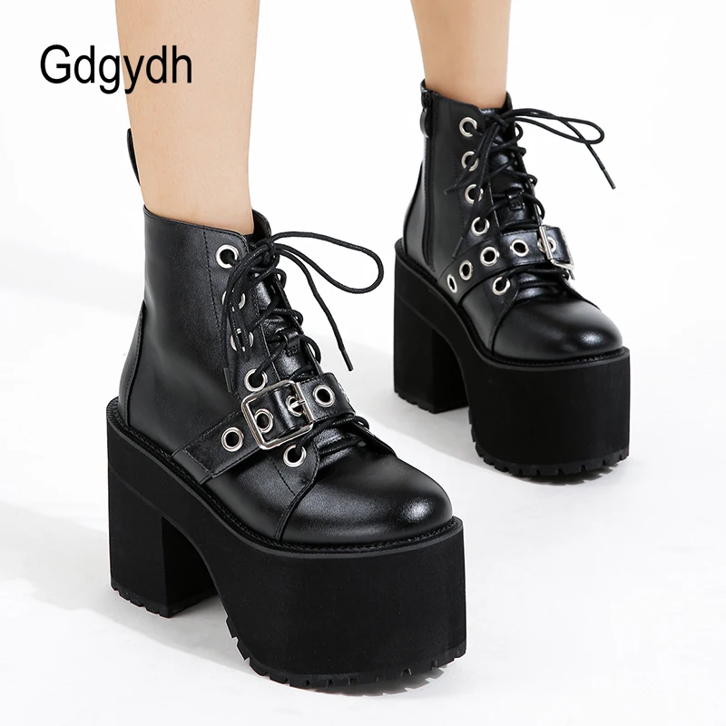 Gdgydh Womens Gothic Style Platform Combat Boots Buckle Front Tie Short Boots Street Slope Punk Mid Calf Boots Chunky Heels