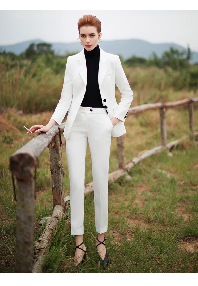 Women's High Fashion Tailored Suit White Long Sleeve Trousers 2-Piece Suit
