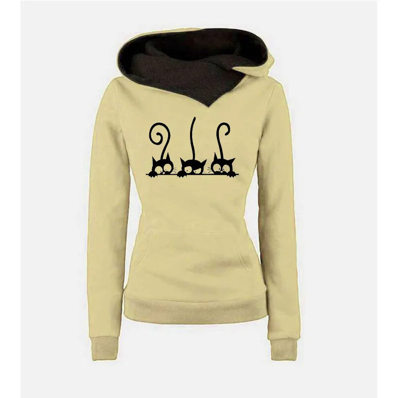 Hoodies Women Autumn Winter Fashion Cat Prined Long Sleeve Oversized Pullovers Sweatshirt Vintage Warm Hooded Tops Ropa Mujer