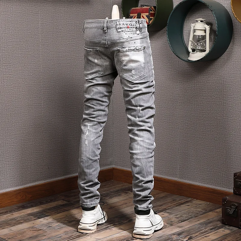 Fashion New Trendy Brand Personality Washed Light Gray Splashed Ink Grinding White Youth Trousers Slim-Fit Mid-Waist Jeans Men