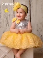 glitter top baby birthday party dresses bow shoulder first communion dress sequin o neck puffy ball gown flower girl dress
