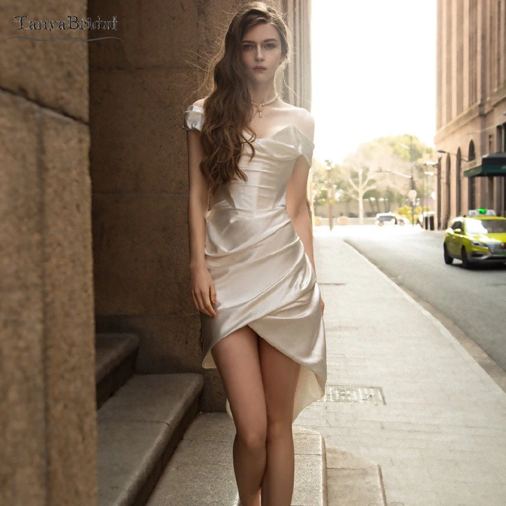 

Шелковые атласные Короткие свадебные платья мини с V-образным вырезом и рукавами-крылышками модные свадебные танцевальные платья Chic DW660