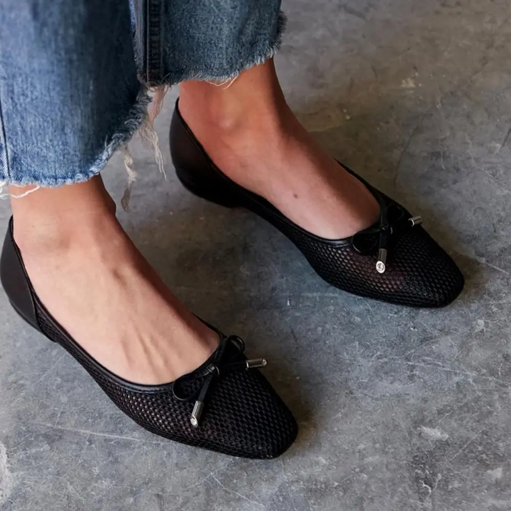 Grace Interior Quality Faux Leather Exterior Mesh Bow and Glass Stone Detailed Ballet Poshnmore Nude Black Summer Shoes