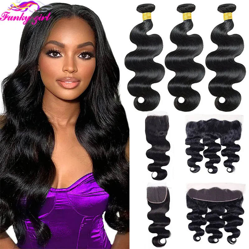Body Wave Bundles With Lace Frontal Brazilian 100% Human Hair Wavy Bundles With Lace Fronta Closure Remy Hair Weave Extensions