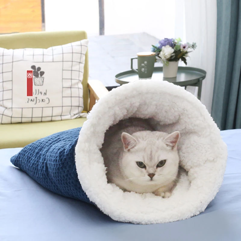 

Cat Bed Plus Velvet Soft Cat Sleeping Bag Kitten Nest Cave Winter Warm Puppy Cushion Semi-enclosed Cat Quilt House Pet Supplies