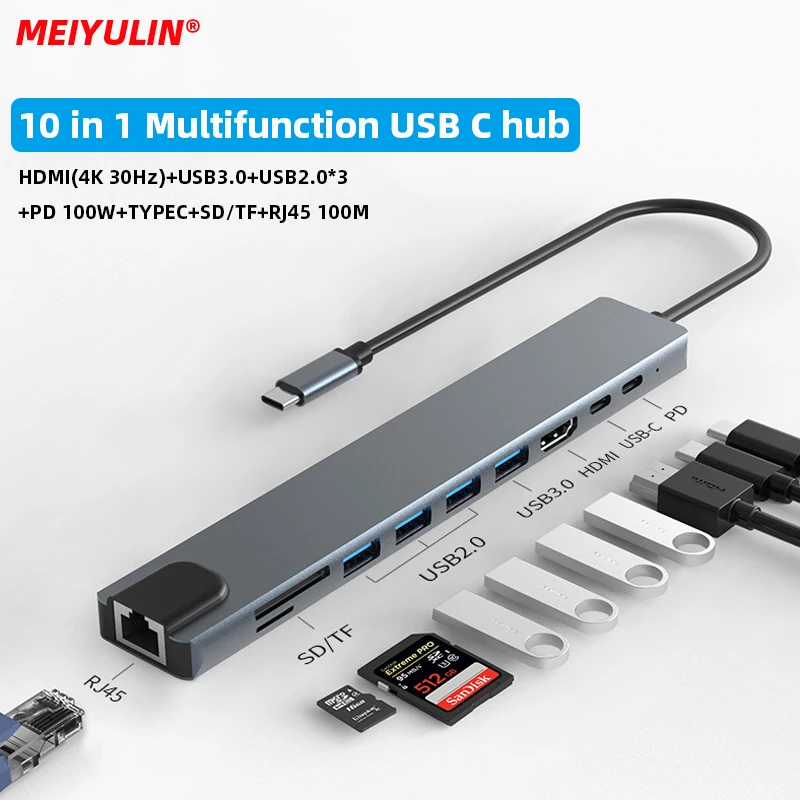

USB To C Hub Docking Station to HDMI 4K 30Hz-compatible RJ45 PD100W Adapter Thunderbolt 3 Dock USB2.0/3.0 TF/SD for Macbook Pro