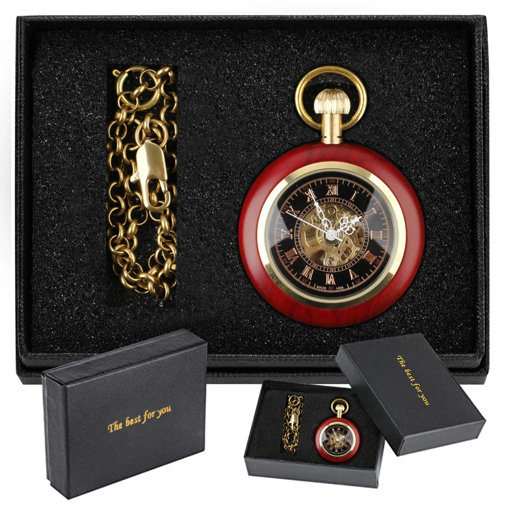 Модные Ретро красные деревянные механические карманные часы для мужчин и женщин элегантные изысканные антикварные часы с цепочкой в подарок