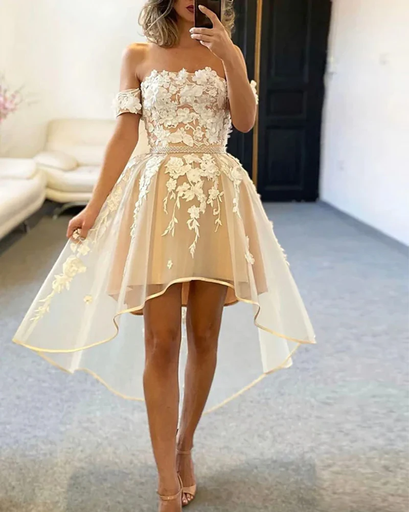 

Tiered Tull Off Shoulder Champagne Lace Prom Gowns High Low Homecoming Skirt Appliqued Waist Sequined Short Formal Evening Dress