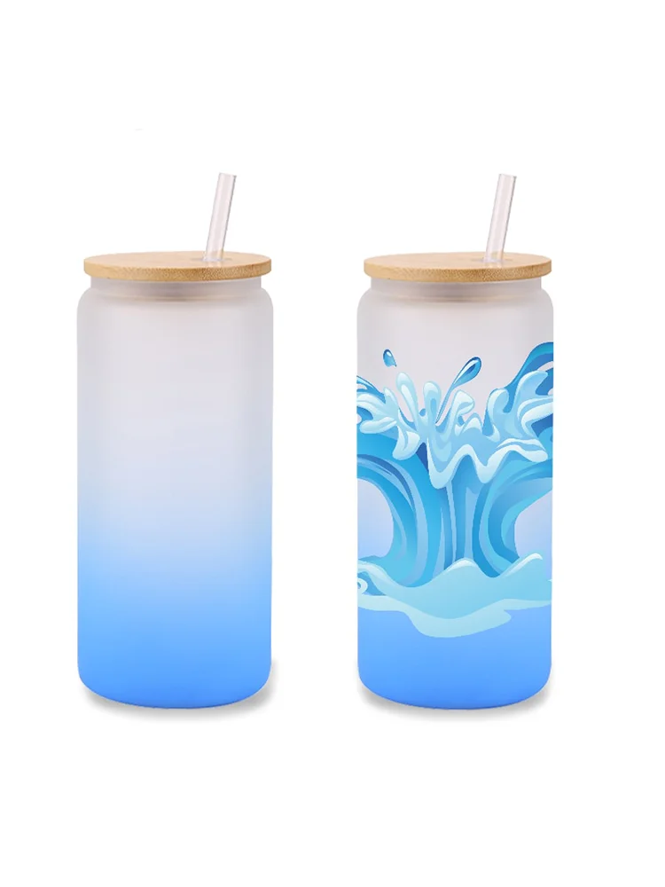 

16oz Sublimation Blanks Gradient Color Glass Frosted Gradient Tumblers Water Bottle With Bamboo Lid And Straw For Party Gifts