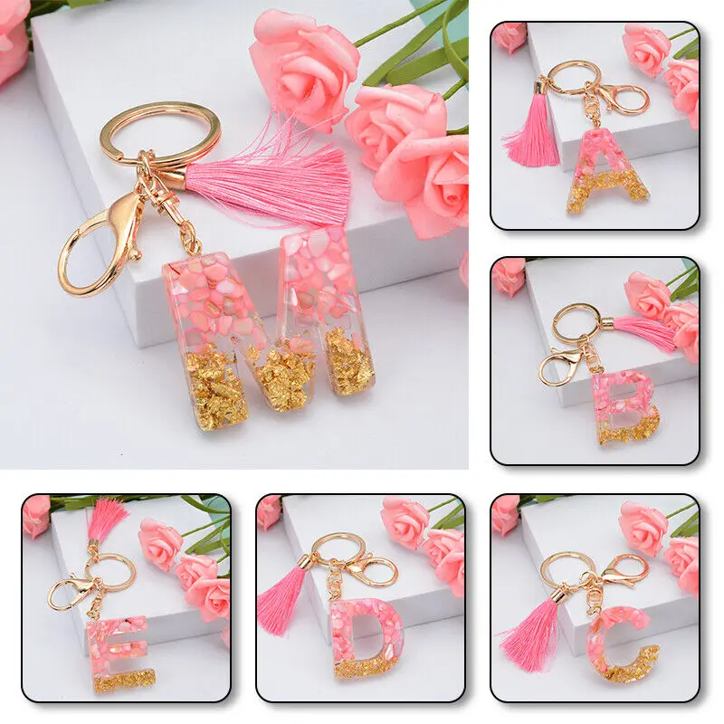 

A-Z Pink Letter Acrylic Keychain With Tassel 26 English Initial Alphabet Key Chains Charm Bag Car Pendant Decoration Gift