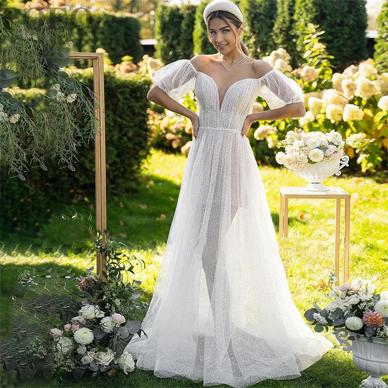 

POEO A-LINE Wedding Dress V-neck Off The Shoulder Appliques Bridal Gowns Floor-Length Court Train Vestido De Novia Custom Made