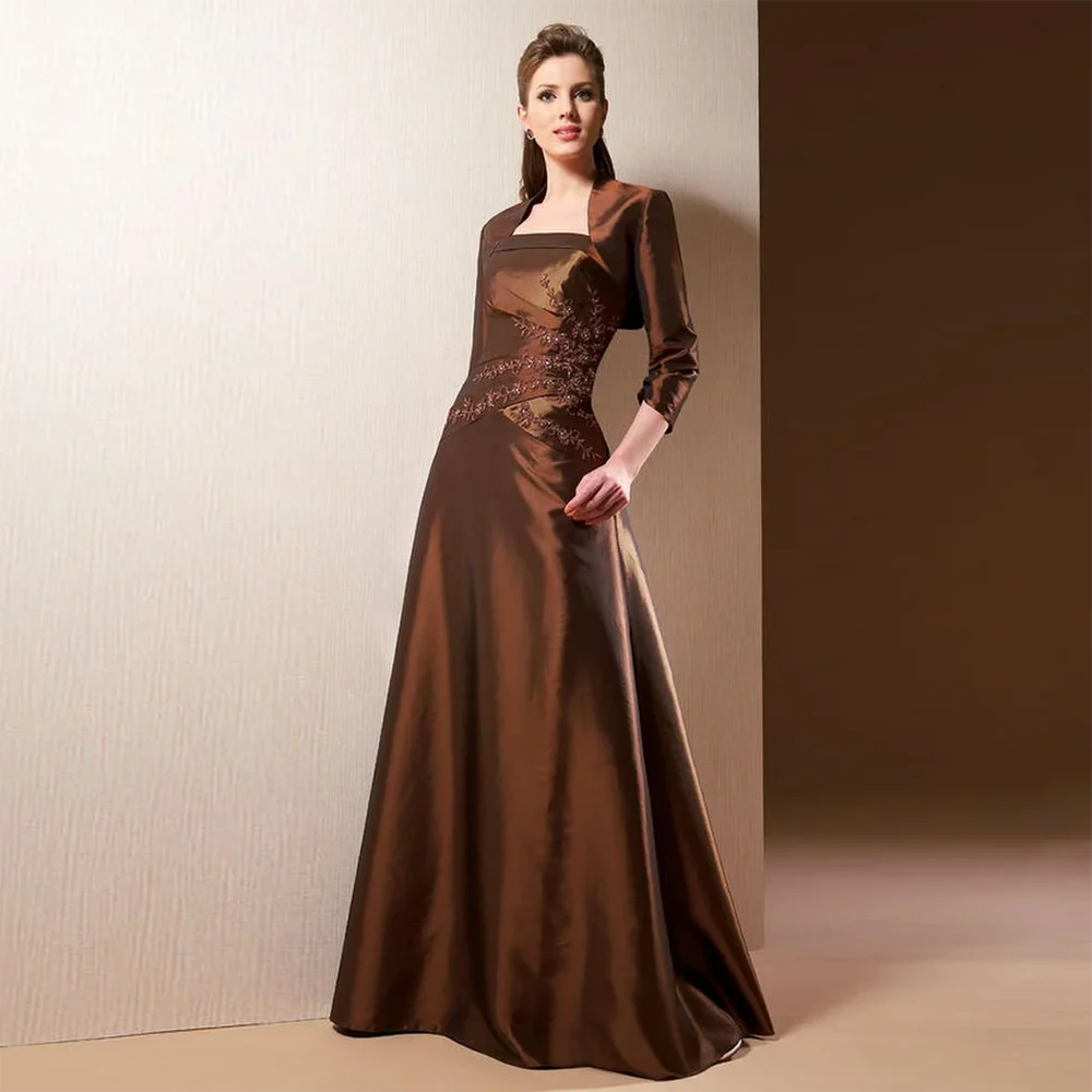 

Retro Mother Of The Bride Long Dresses Groom Satin Applique With Jacket Floor Length Formal for Wedding Party Prom Gowns
