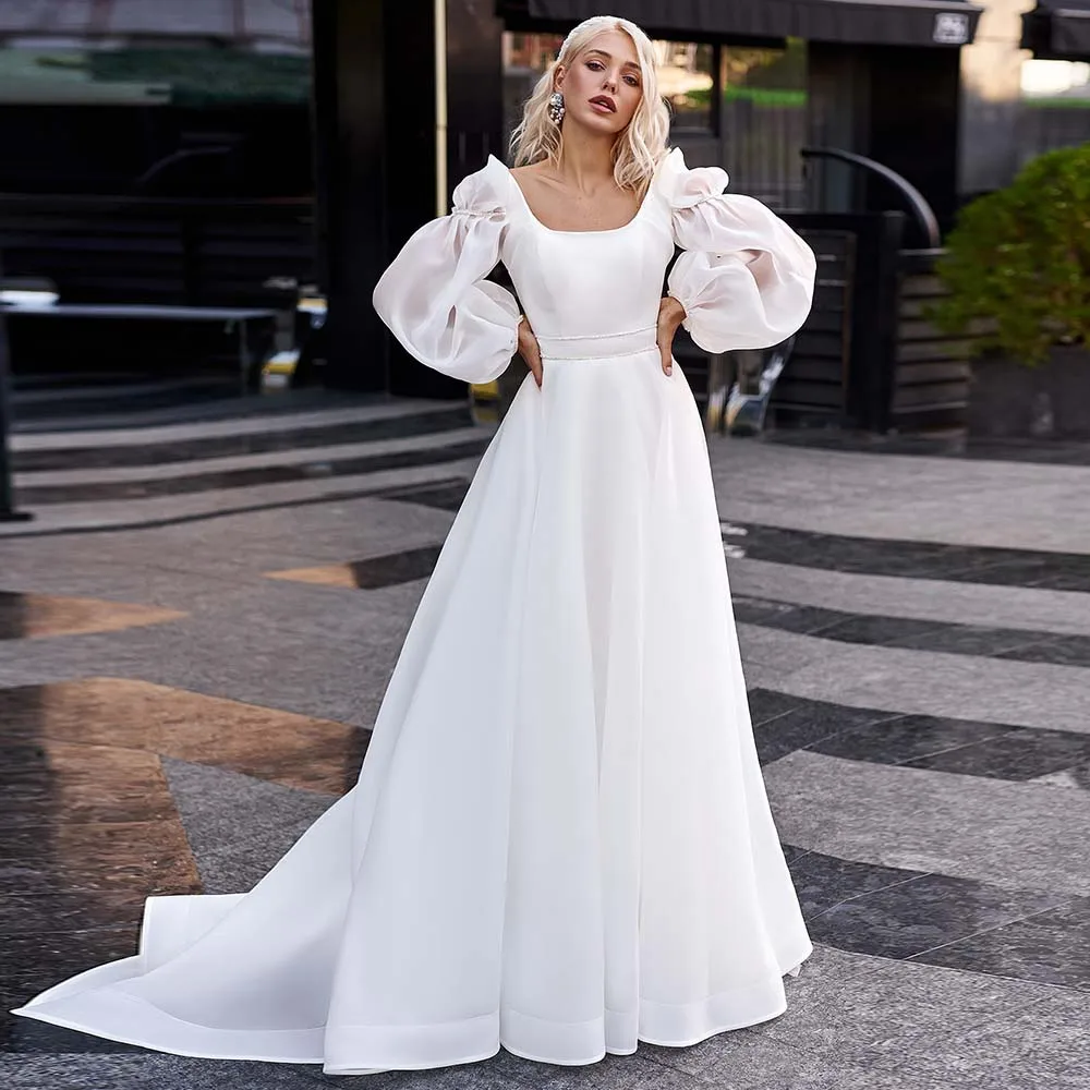 

Mordern Bridal Gowns Simple White Organza Long Puff Sleeve Wedding Dress Scoop Open Back Zipper Beading Bride Gown For Women2022