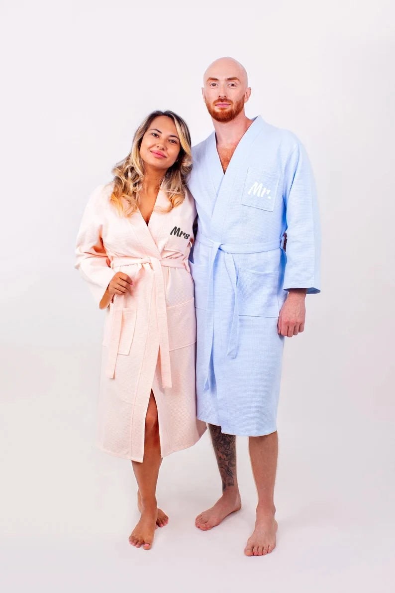 Waffled Cotton His And Hers Bathrobes With Collar Set For Couple 2 Mr And Mrs Robes Cotton Robes For Couple King Queen-Wafl Long