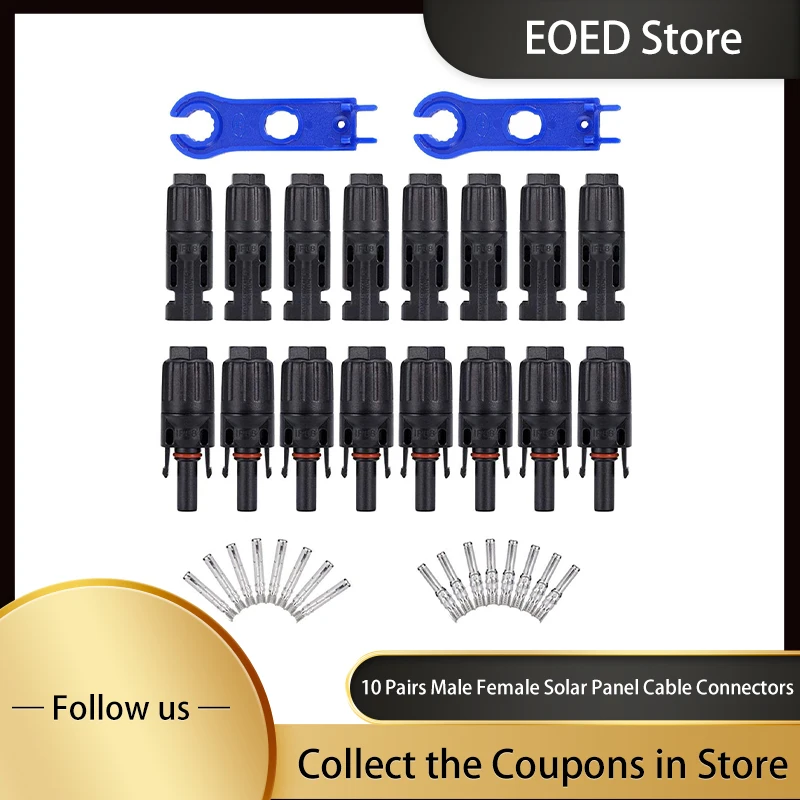 

Solar Panel Cable Connectors 10 Pairs Male Female Connector with Tool Solar Panel Plug Photovoltaic Connectors Kit with Wrench