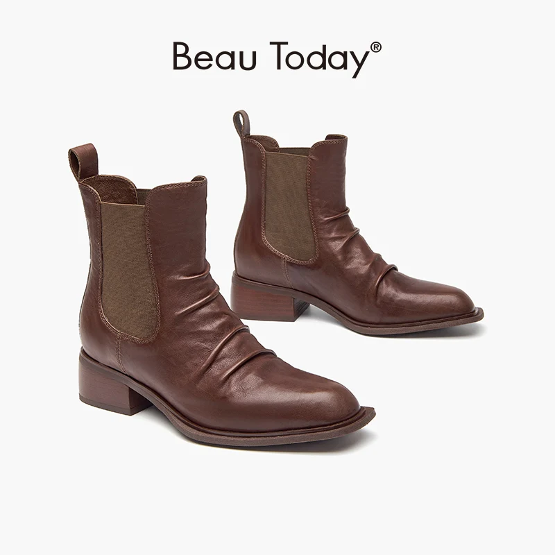 

BeauToday Chelsea Boots Women Genuine Calfskin Round Toe Elastic Band Pleated Design Block Heel Ladies Shoes Handmade 03154