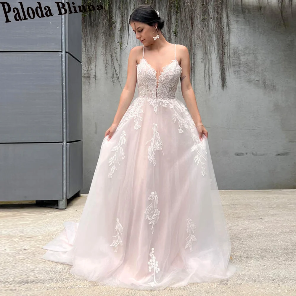 

Paloda Attractive Spaghetti Straps Wedding Gown For Bride A-LINE Backless Sleeveless Tulle Court Train V-Neck Pleat Appliques