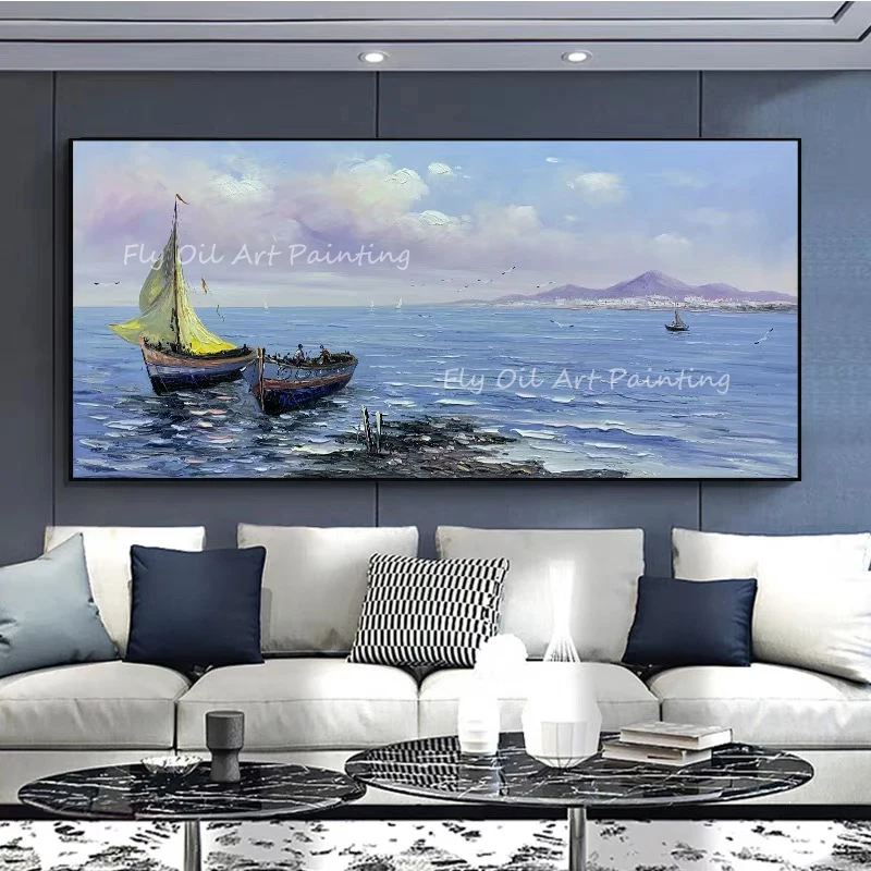 

Ocean seascape sailboat hand-made beautiful thick oil canvas oil painting abstract sitting room dining-room wall no framework