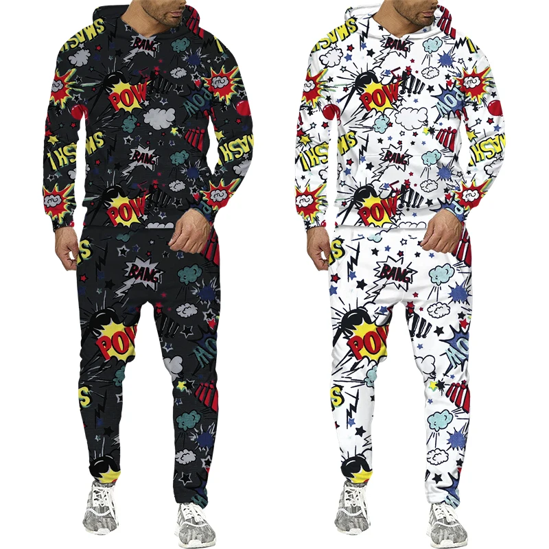 NEW Funny Cartoon Comic Letter Print Men's Hoodie/Pants/Suit Casual Hip Hop Sportswear Set Couple 2 Piece Set Jogging Tracksuits