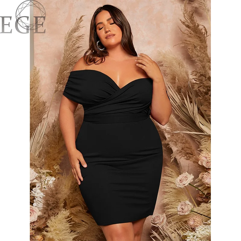 Plus Size Slim Fit Sexy Off Shoulder Black Nightclub Club Evening Dress Plus Size Mini Sleeveless Sheath Dress
