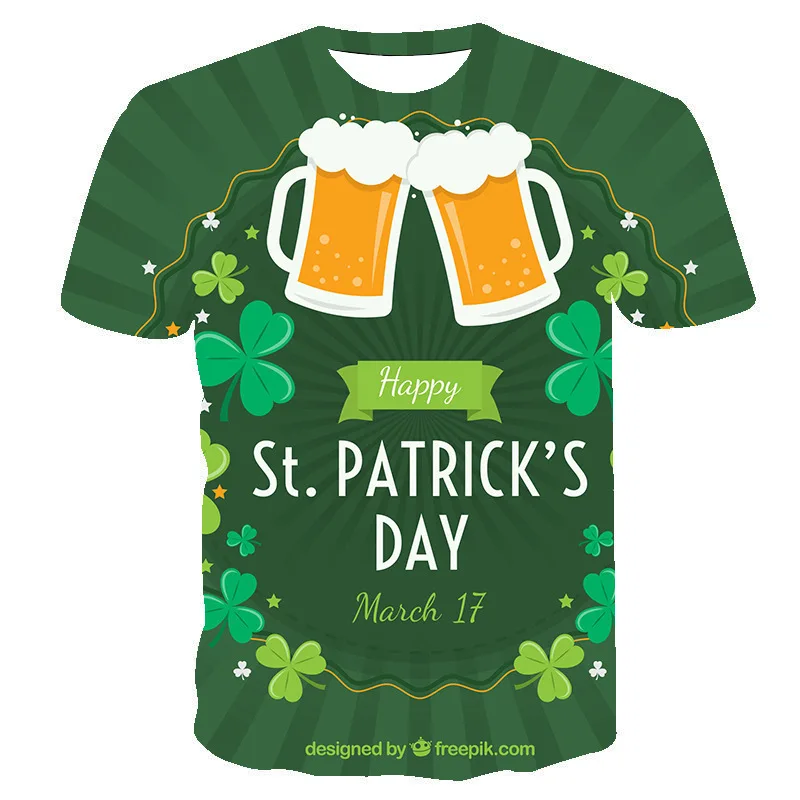 Irish St Patrick Day T-shirt For Men Clothing Green Clover Animal Cat 3d Print T Shirt Fashion Cotton Casual O-neck Man T-shirts