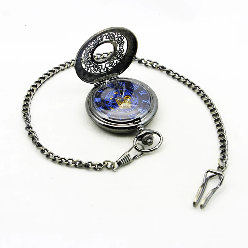 Unisex Vintage Charm Blue Roman Number Dial Mechanical Steampunk Pocket Watch Hand Wind Necklace Pendant with Chain Gifts