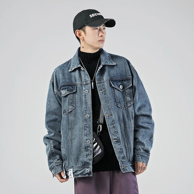 2022 Fall Winter Harajuku Streetwear Vintage Cotton Oversize Black Blue Stylish Men's Fleece Lined Selvedge Jeans Denim Jacket