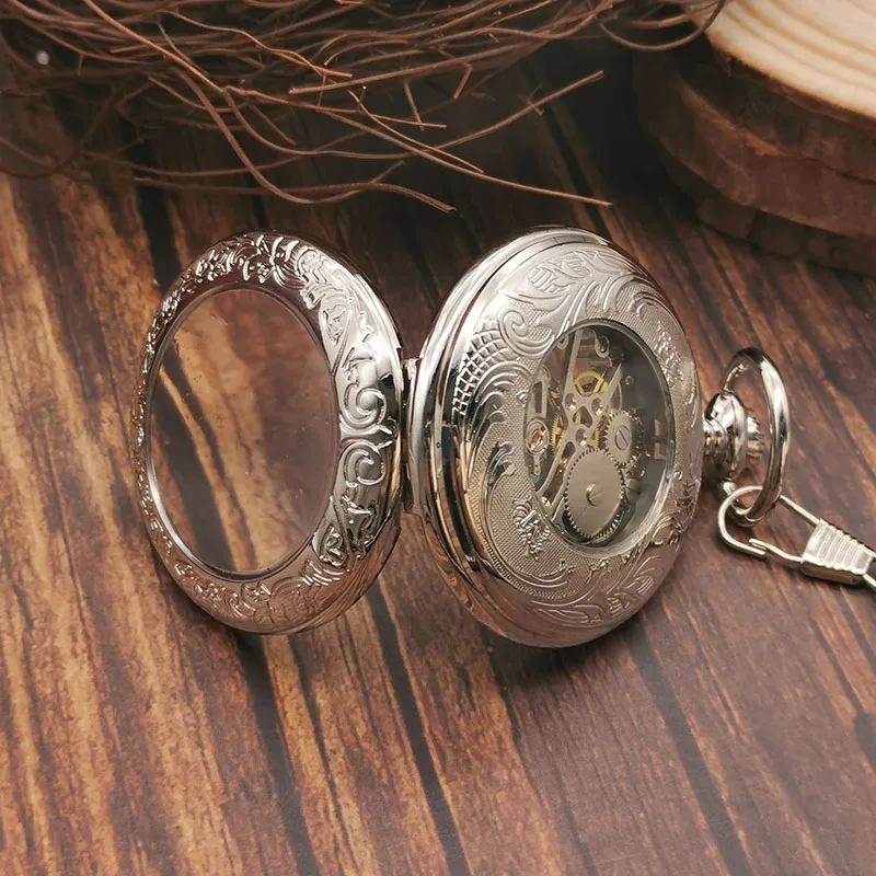 High Quality Luxury Silver Pocket Watches Mechanical For Men Women Roman Numerals Vintage Mechanical Chain Gift reloj hombre