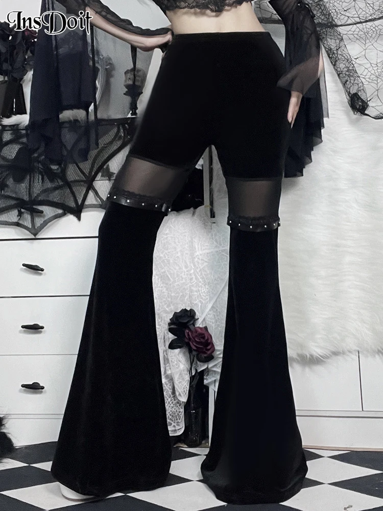 

InsDoit Y2K Velvet Pants Gothic See Through Winter Mesh Patchwork Grunge Streetwear Vintage Black E Girl Leg Belted Flared Pants