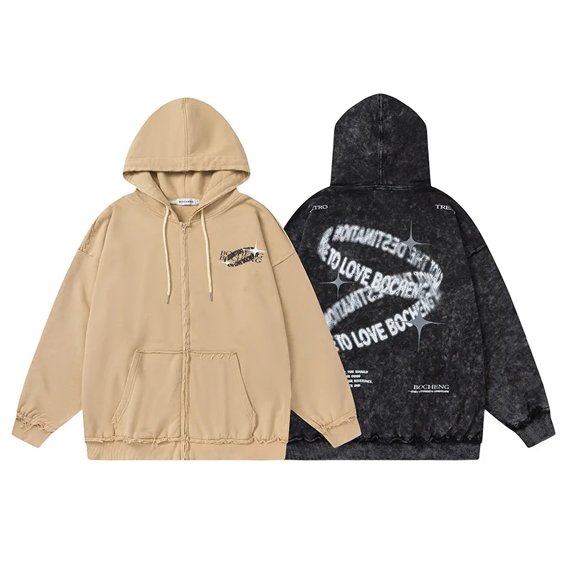 

American Retro Old Wash Water Zipper Cardigan Sweater Men And Women Oversize Loose Cotton Hooded Jacket Hip Hop Hoodies