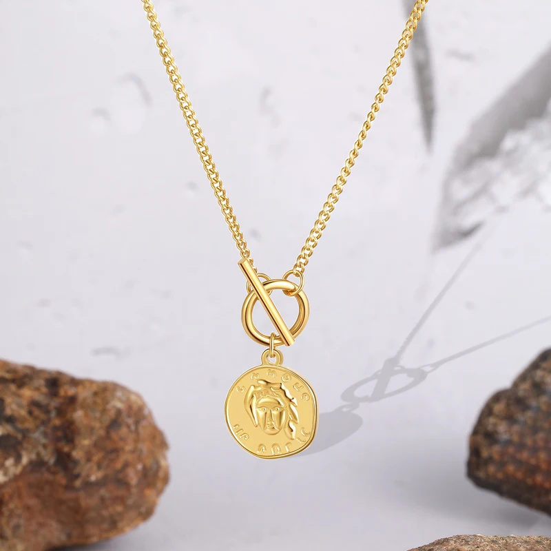 

Vintage Style 18K Gold Plated Stainless Steel Queen's Head Relief Coin Pendant Charm OT Chain Necklace for Women/Girls