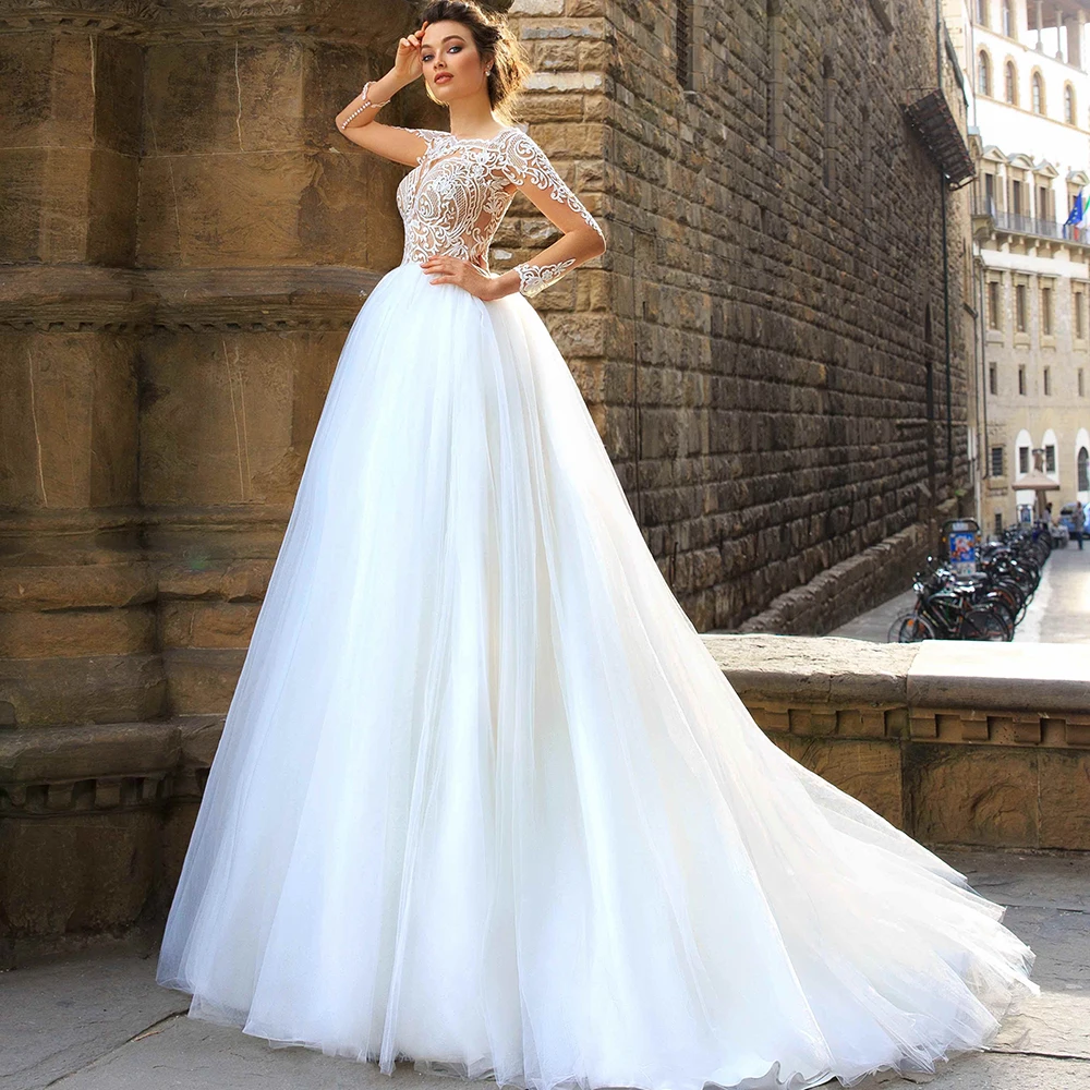 

Charming Long Sleeve Tulle Wedding Dress Classic Applique A-Line Sexy Illusion Off the Shoulder with Beaded Belt Bridal Gowns