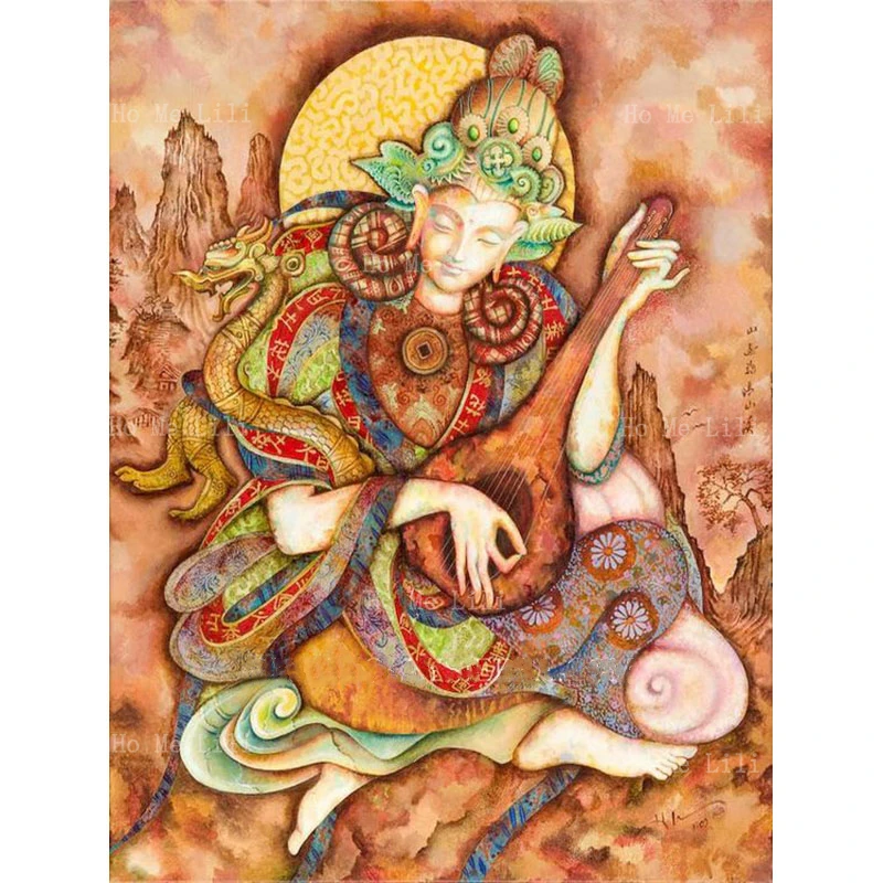 

Ming Yue Chinese Goddess Of The Bright Moon Playing The Lute Religious Retro Canvas Wall Art By Ho Me Lili For Home Decor