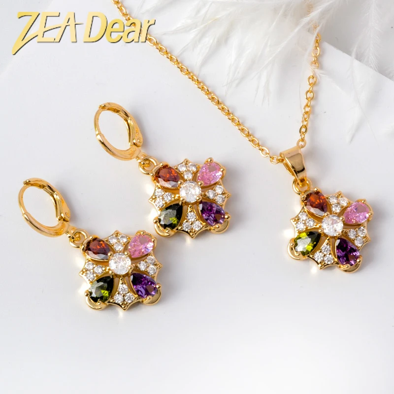 

ZEADear Jewelry Four Leaf Clover Crystal Earring Necklace Sets For Girl Women Christmas High Quality Gemstone Jewelry