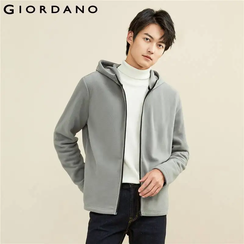 

Giordano Men Jackets Polar Fleece Hooded Jacket Zip Front Windproof Jackets Fleece Slant Pockets Soild Warm Jackets 13071814