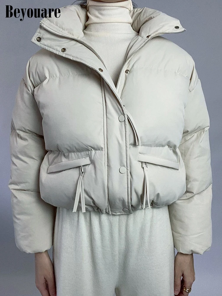 

Beyouare Winter Cotton Women Warm Parkas Zipper Button Short Jacket Stand Collar Pocket Solid Coats Fashion Streetwear Clothes