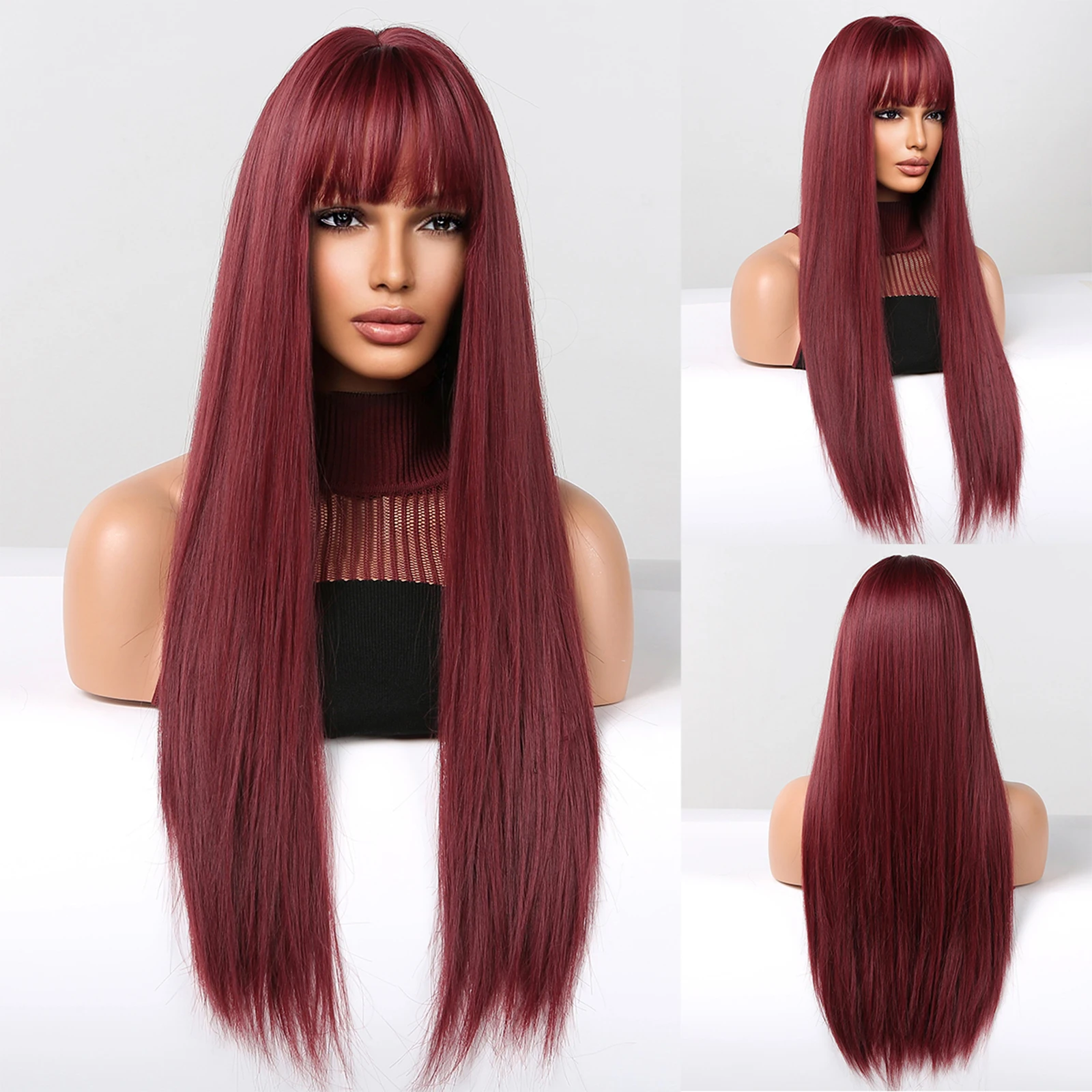 EASIHAIR Burgundy Wine Red Long Cosplay Synthetic Wigs with Bangs for Women Girls Afro Party Lolita Colorful Wig Heat Resistant